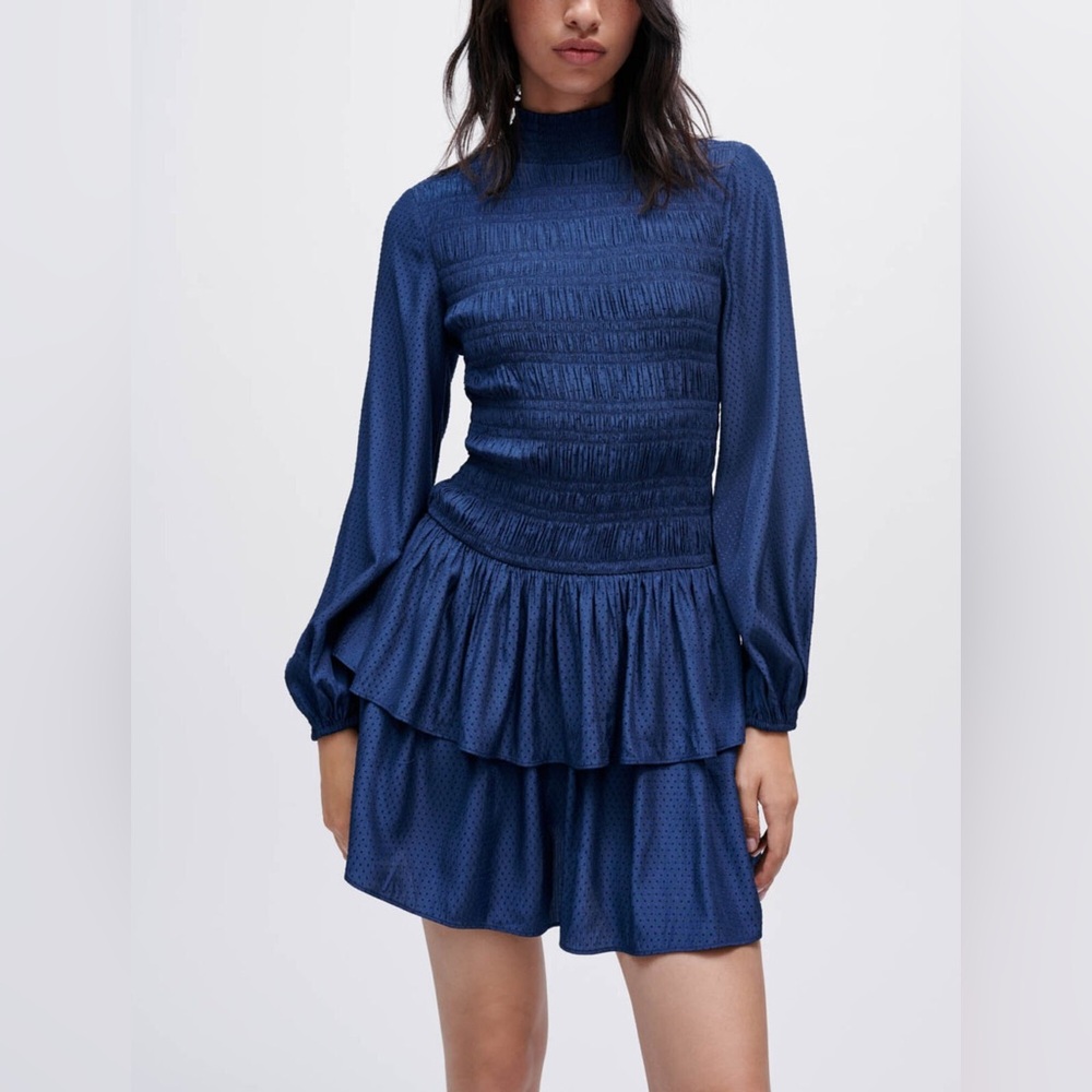 Maje Navy Blue Smocked Peplum Long-Sleeve Mini Dress